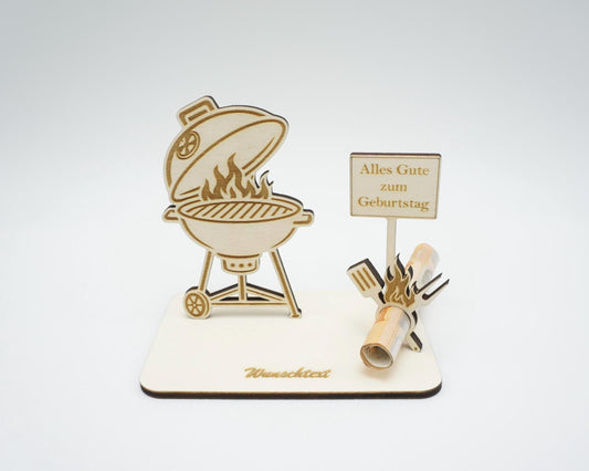 Geldgeschenk Grill aus Holz mit Wunschtext personalisiert