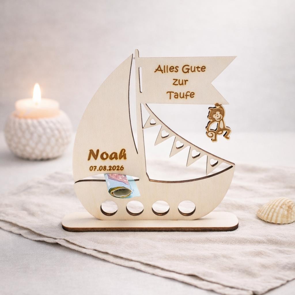 personalisiertes Geldgeschenk Taufe Segelboot aus Holz mit Name