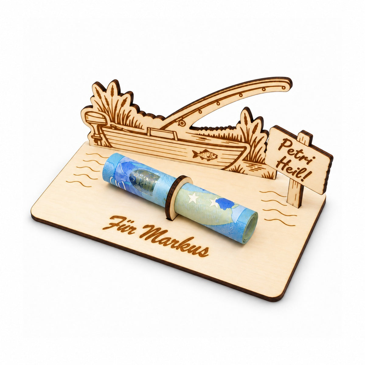 Geldgeschenk Angler aus Holz mit Schild, Ansicht von rechts