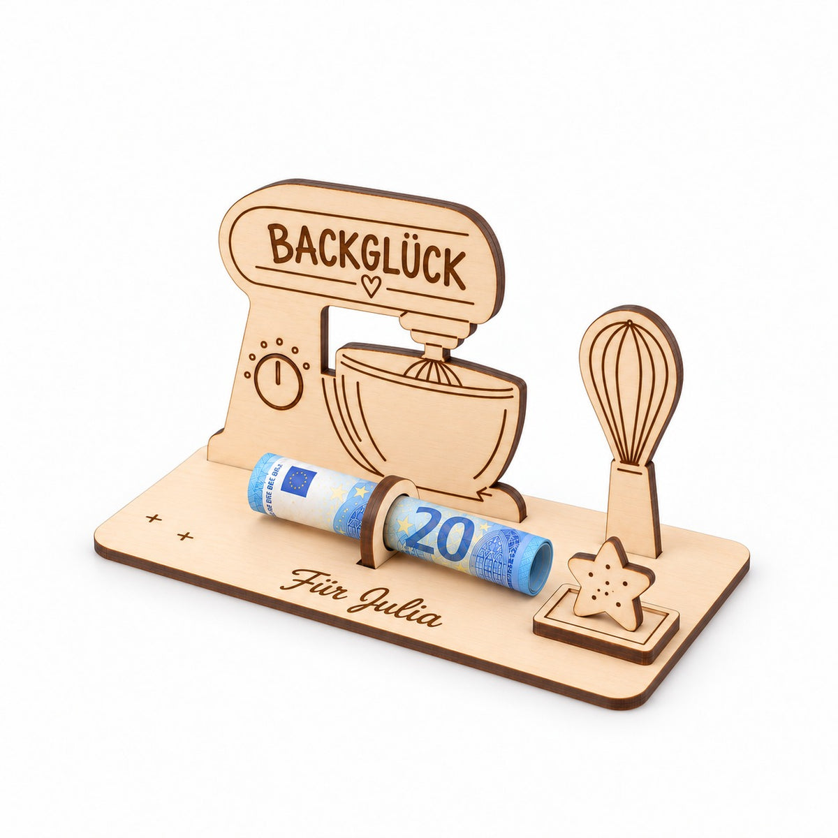 Küchenmaschine aus Holz als Geldgeschenk zum Backen, Ansicht von rechts