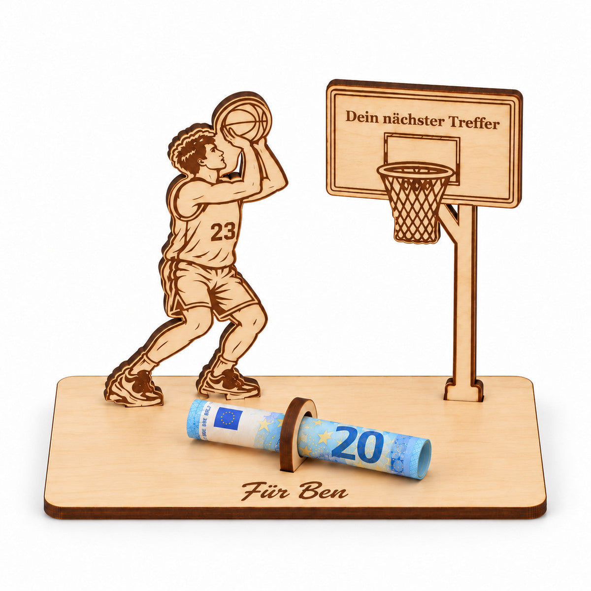 Basketball Geschenk: Geldgeschenk aus Holz mit Spieler (Rückennummer 23), Korb „Dein nächster Treffer“ und Gravur Für Ben