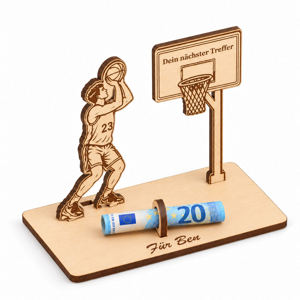 Basketball Geldgeschenk mit gerolltem Geldschein, Ansicht von links