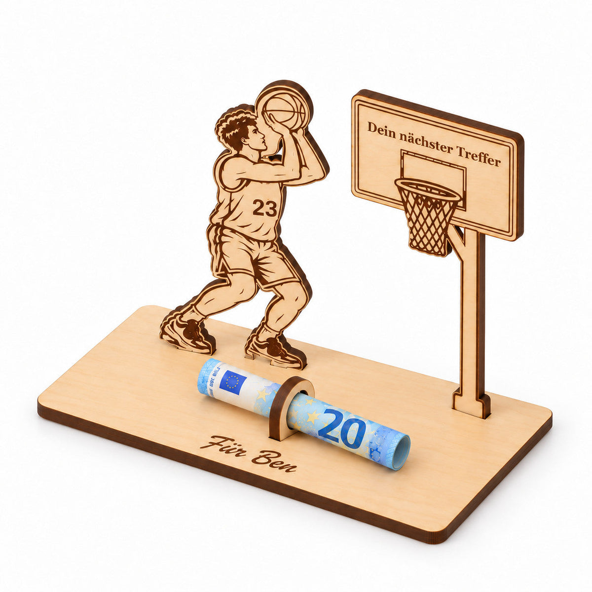 Basketballkorb aus Holz als Geldgeschenk, Ansicht von rechts