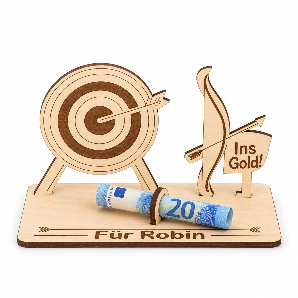 Geschenk für Bogenschützen: Zielscheibe und Bogen aus Holz mit Schild Ins Gold und Gravur Für Robin