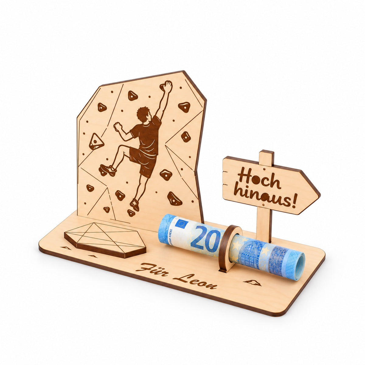 Kletterwand aus Holz als Geldgeschenk mit Wegweiser, Ansicht von rechts