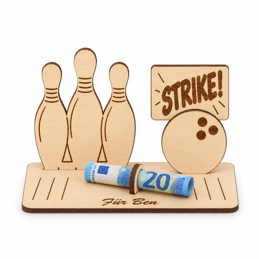 Bowling Geschenk: Pins und Kugel aus Holz mit Schild Strike und Gravur Für Ben