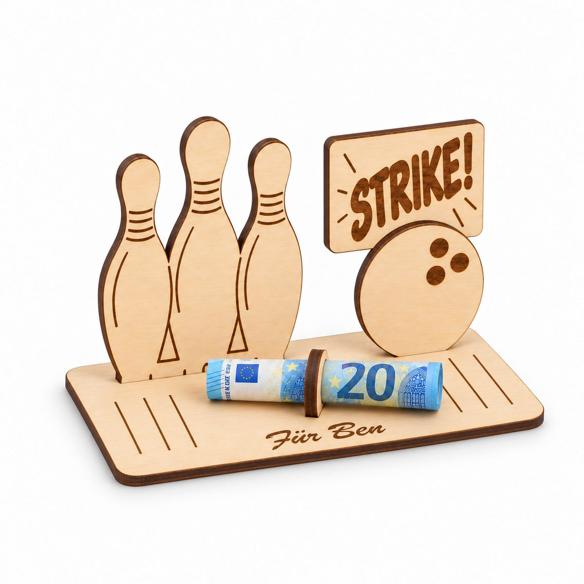 Bowling Geldgeschenk mit gerolltem Geldschein, Ansicht von links