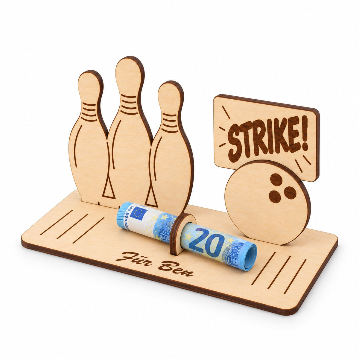 Geldgeschenk für Kegler aus Holz mit Schild, Ansicht von rechts