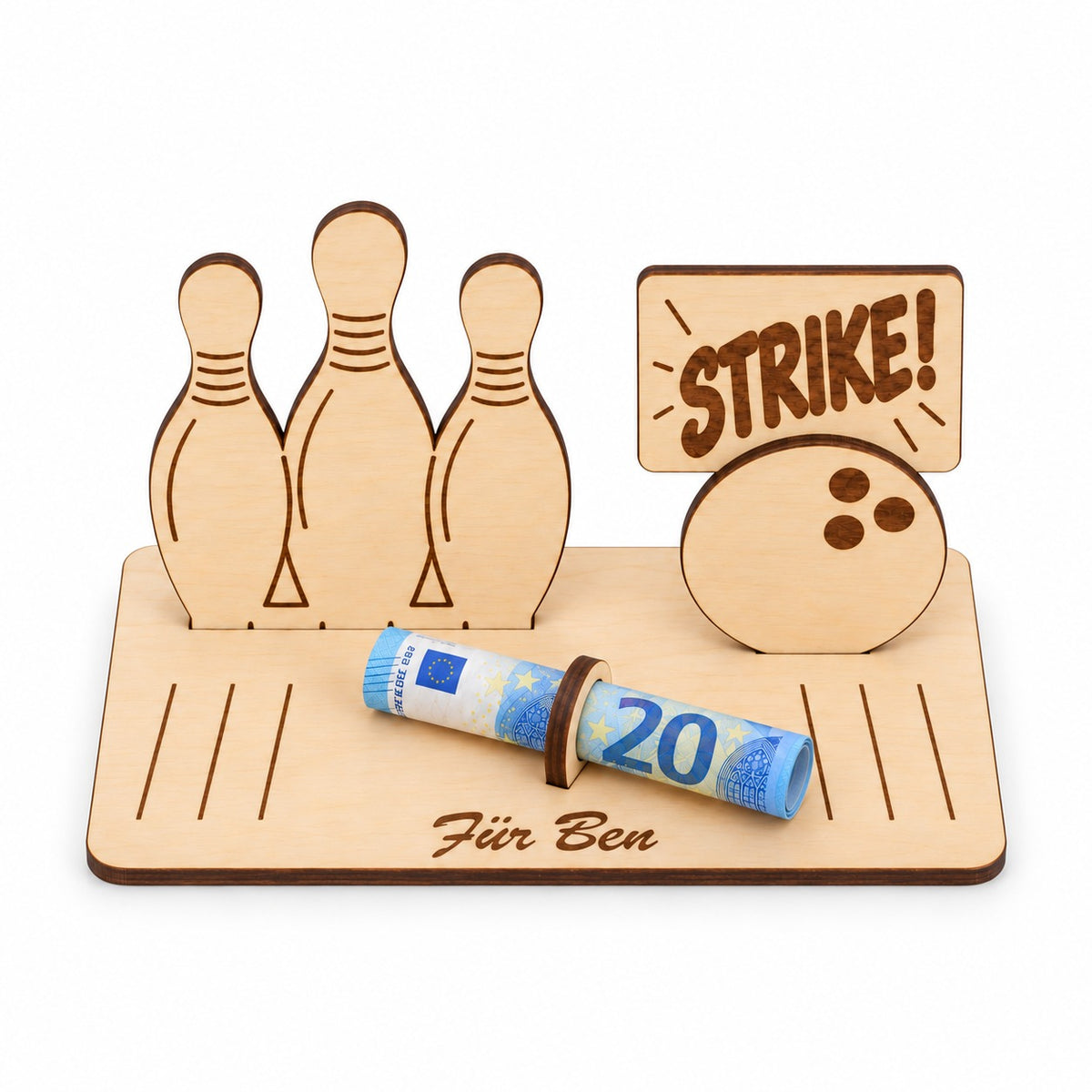 Bowlingpins aus Holz als Geldgeschenk mit Namen, Ansicht von oben