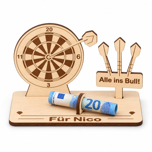 Geschenk für Dartspieler: Dartscheibe aus Holz mit Schild Alle ins Bull und Gravur Für Nico