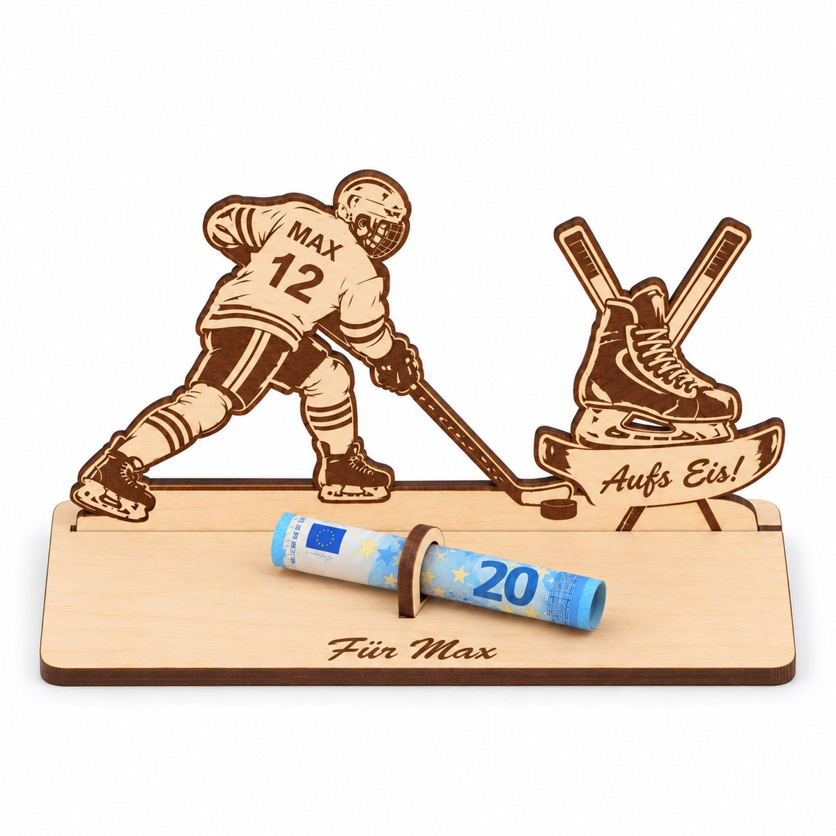 Eishockey Geschenk: Geldgeschenk aus Holz mit Spieler, Trikot MAX, Schlittschuh „Aufs Eis!“ und Gravur Für Max