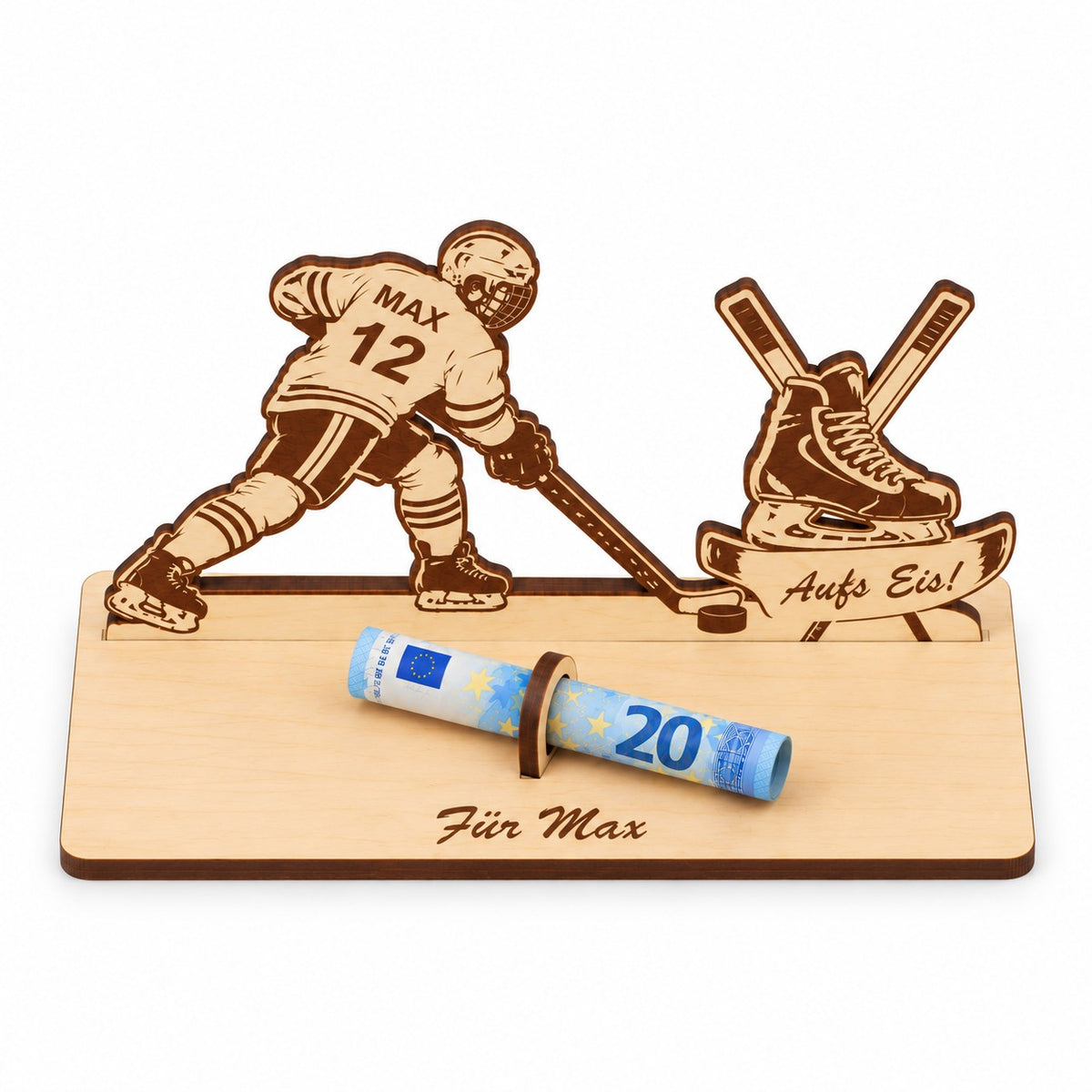 Eishockeyspieler aus Holz als Geldgeschenk mit Namen, Ansicht von oben