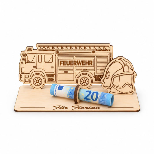 Geldgeschenk Feuerwehr: Feuerwehrauto aus Holz mit Schriftzug Feuerwehr und Gravur Für Florian