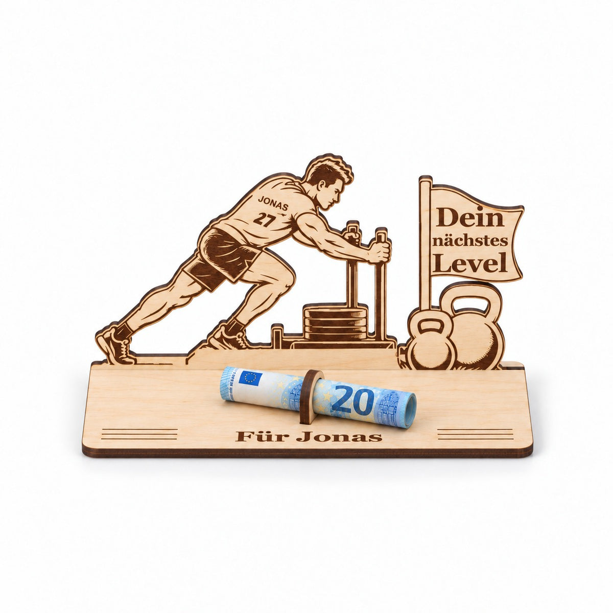Fitness Geschenk: Athlet aus Holz mit Trainingsschlitten, Shirt JONAS, Wimpel „Dein nächstes Level“ und Gravur Für Jonas