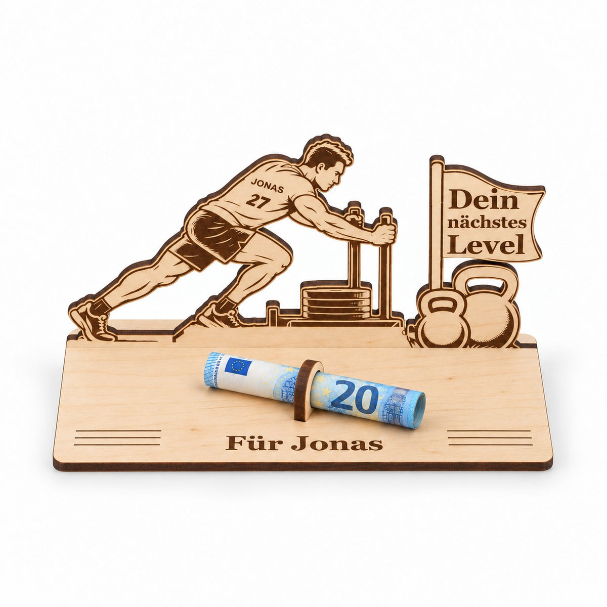 Geldgeschenk für Fitnesssportler mit graviertem Namen, Ansicht von oben