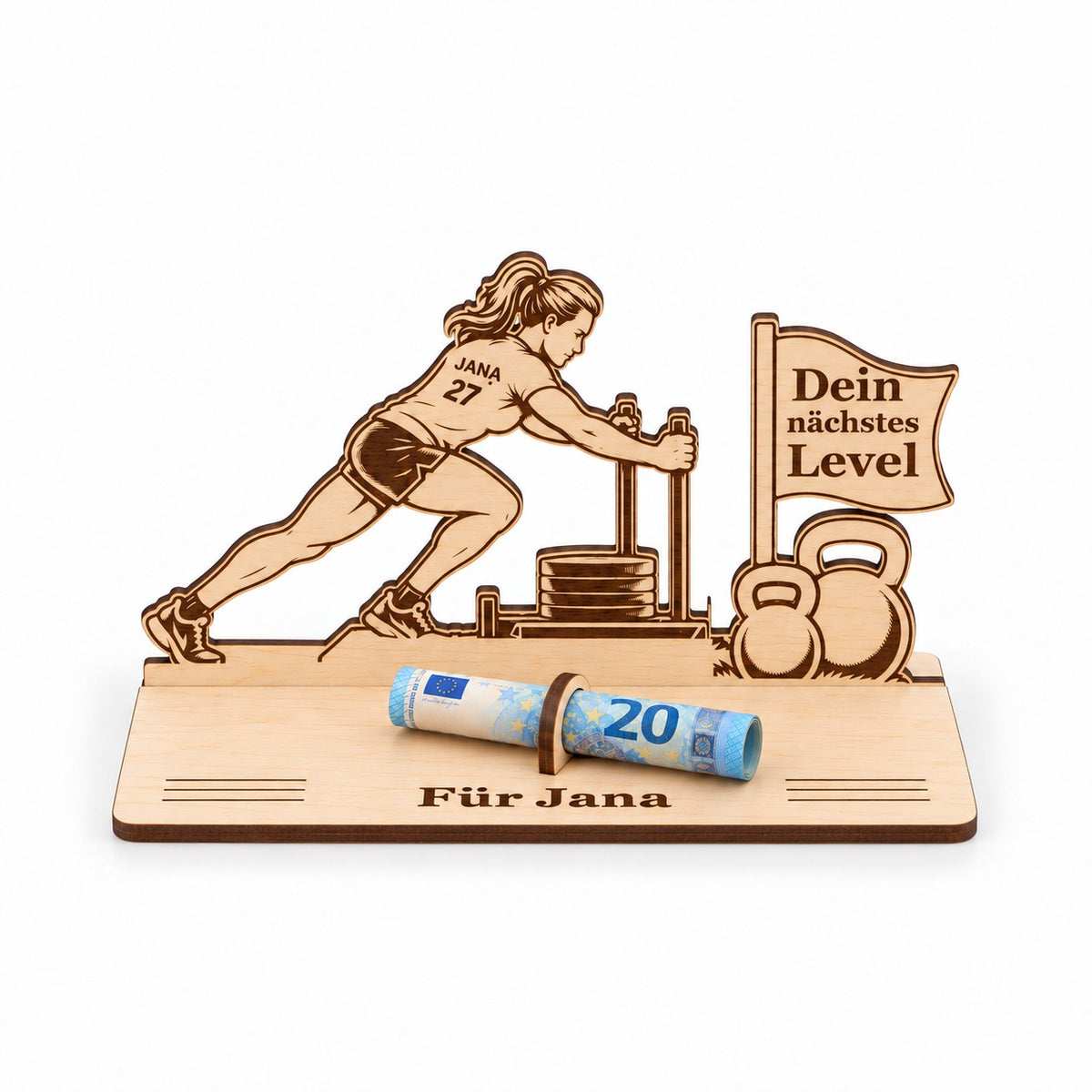 Fitness Geschenk für Frauen: Athletin aus Holz mit Trainingsschlitten, Shirt JANA, Wimpel „Dein nächstes Level“ und Gravur Für Jana