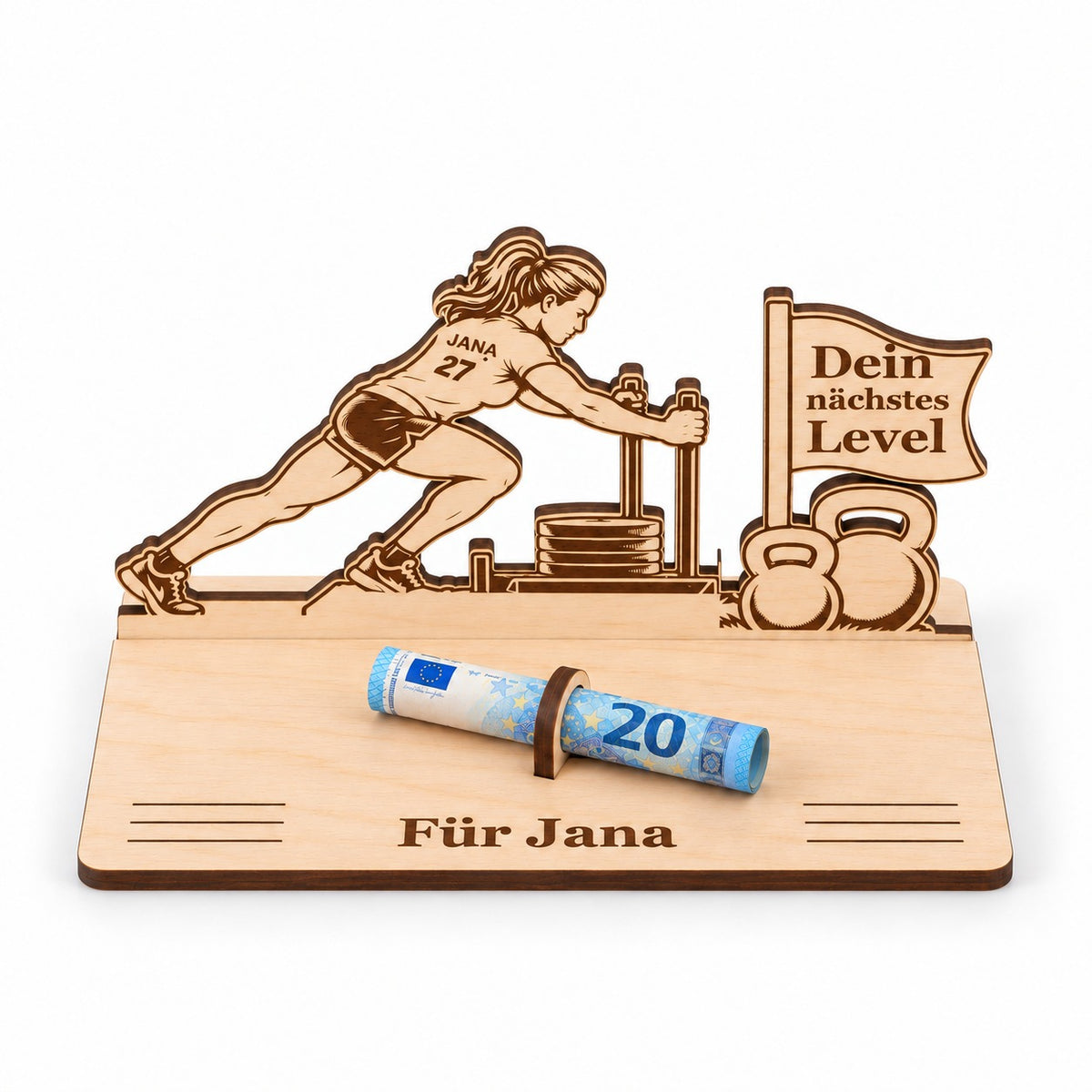 Geldgeschenk für Fitnesssportlerinnen mit graviertem Namen, Ansicht von oben
