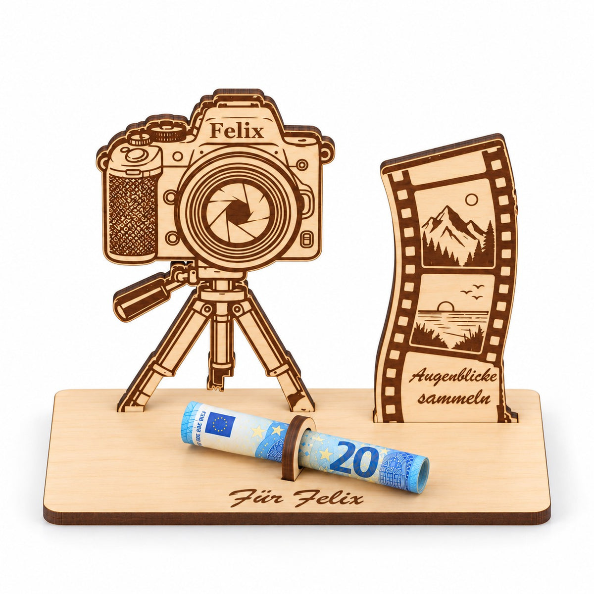 Geschenk für Fotografen: Kamera mit Stativ aus Holz mit Gravur Felix, Filmstreifen „Augenblicke sammeln“ und Gravur Für Felix