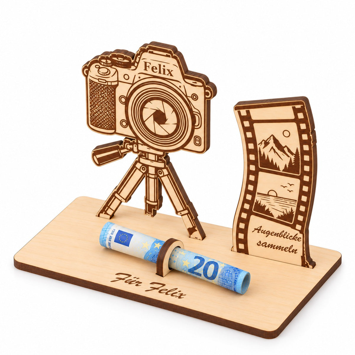 Filmstreifen und Kamera aus Holz als Geldgeschenk, Ansicht von rechts