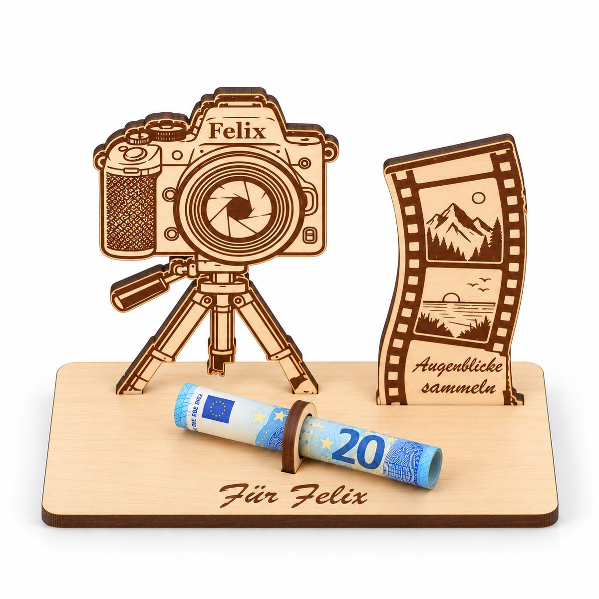 Geldgeschenk für Hobbyfotografen mit graviertem Namen, Ansicht von oben