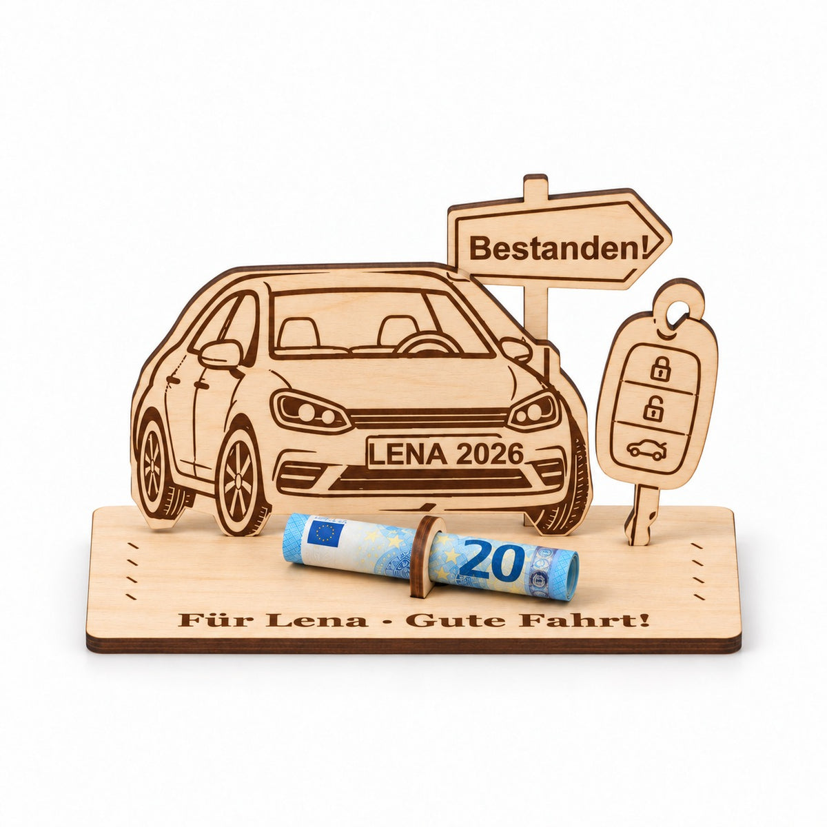 Geldgeschenk zum Führerschein: Auto aus Holz mit Kennzeichen LENA 2026, Wegweiser „Bestanden!“, Autoschlüssel und Gravur Für Lena