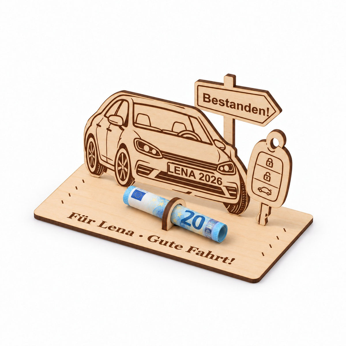 Auto und Autoschlüssel aus Holz als Geldgeschenk, Ansicht von rechts