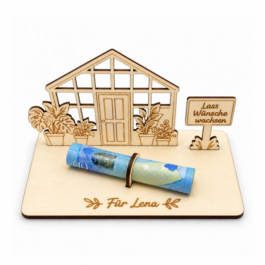 Geldgeschenk Gewächshaus aus Holz mit Schild Lass Wünsche wachsen und Gravur Für Lena