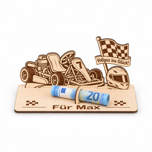 Kart Geschenk: Go-Kart aus Holz mit Zielflagge Vollgas ins Glück und Gravur Für Max