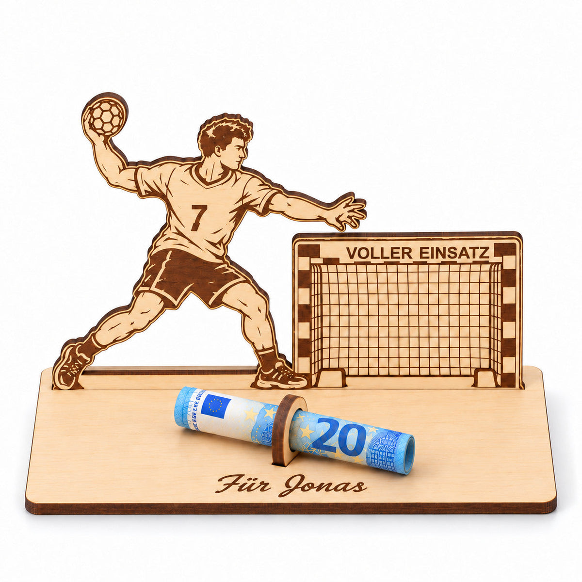 Handball Geschenk: Geldgeschenk aus Holz mit Handballer (Rückennummer 7), Tor „Voller Einsatz“ und Gravur Für Jonas