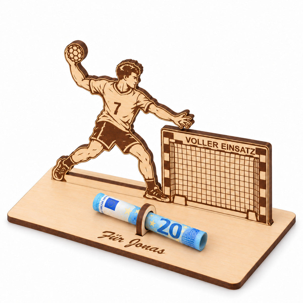 Geldgeschenk für Handballer aus Holz mit Tor, Ansicht von rechts