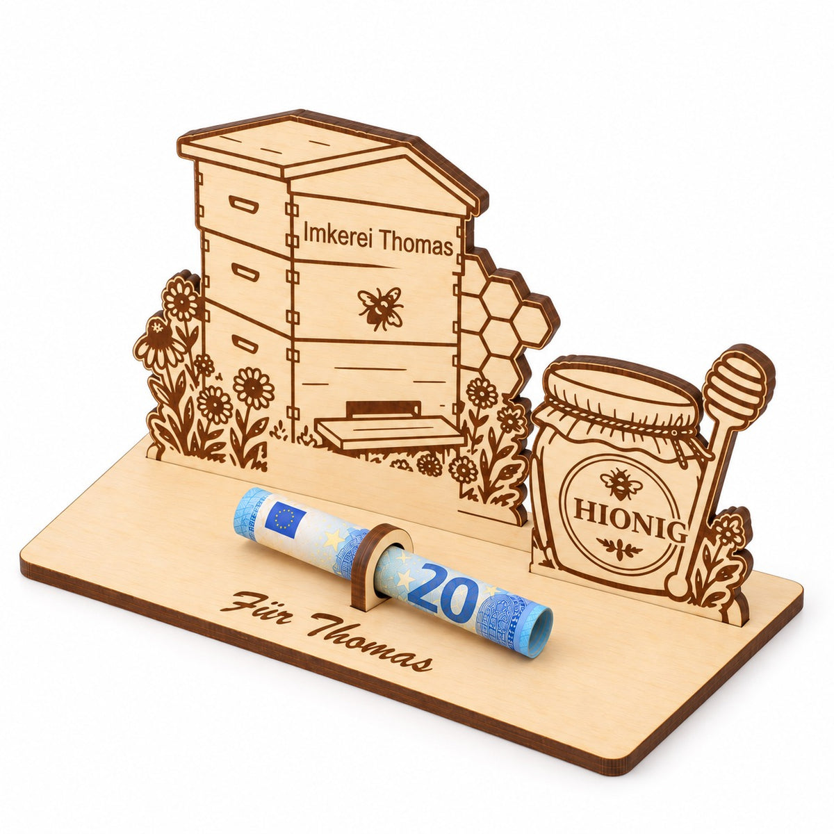 Honigglas und Bienenbeute aus Holz als Geldgeschenk, Ansicht von rechts
