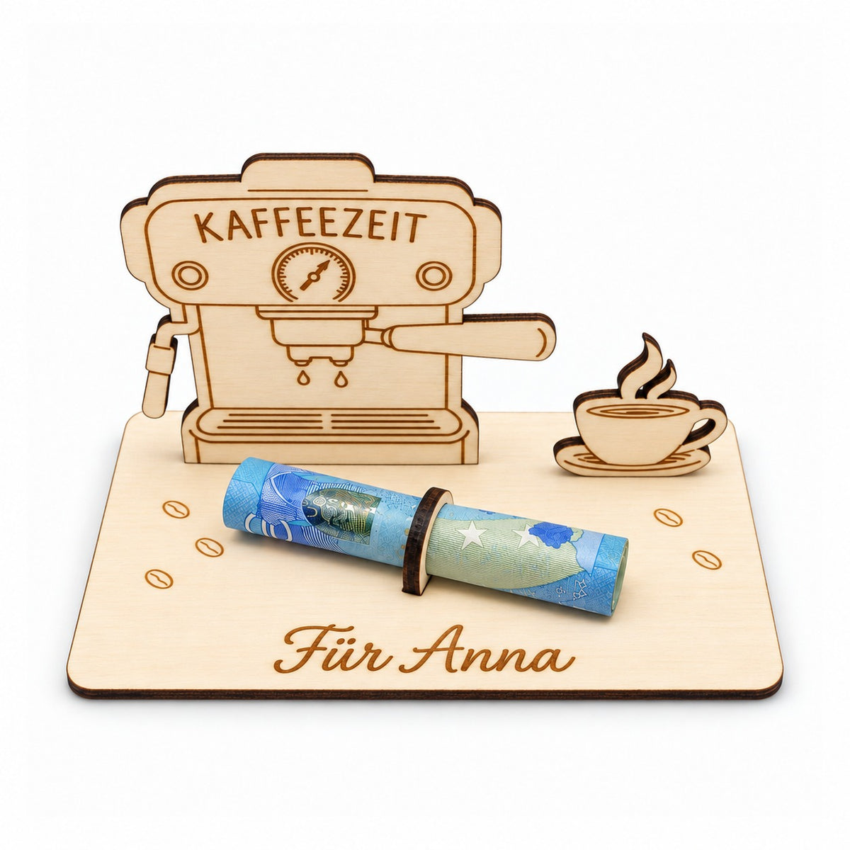 Geldgeschenk Kaffeemaschine aus Holz mit Schriftzug Kaffeezeit und Gravur Für Anna