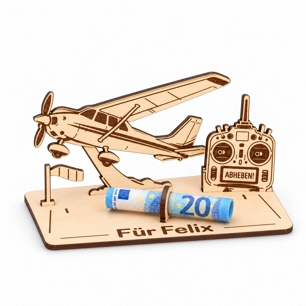 RC-Modellflug Geldgeschenk mit Windsack und gerolltem Geldschein, Ansicht von links
