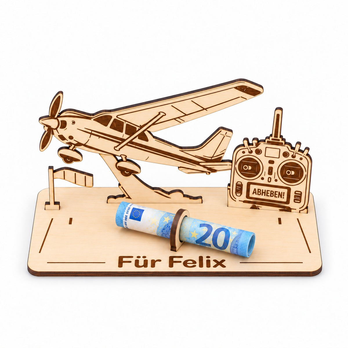 Geldgeschenk für Modellflieger mit graviertem Namen, Ansicht von oben