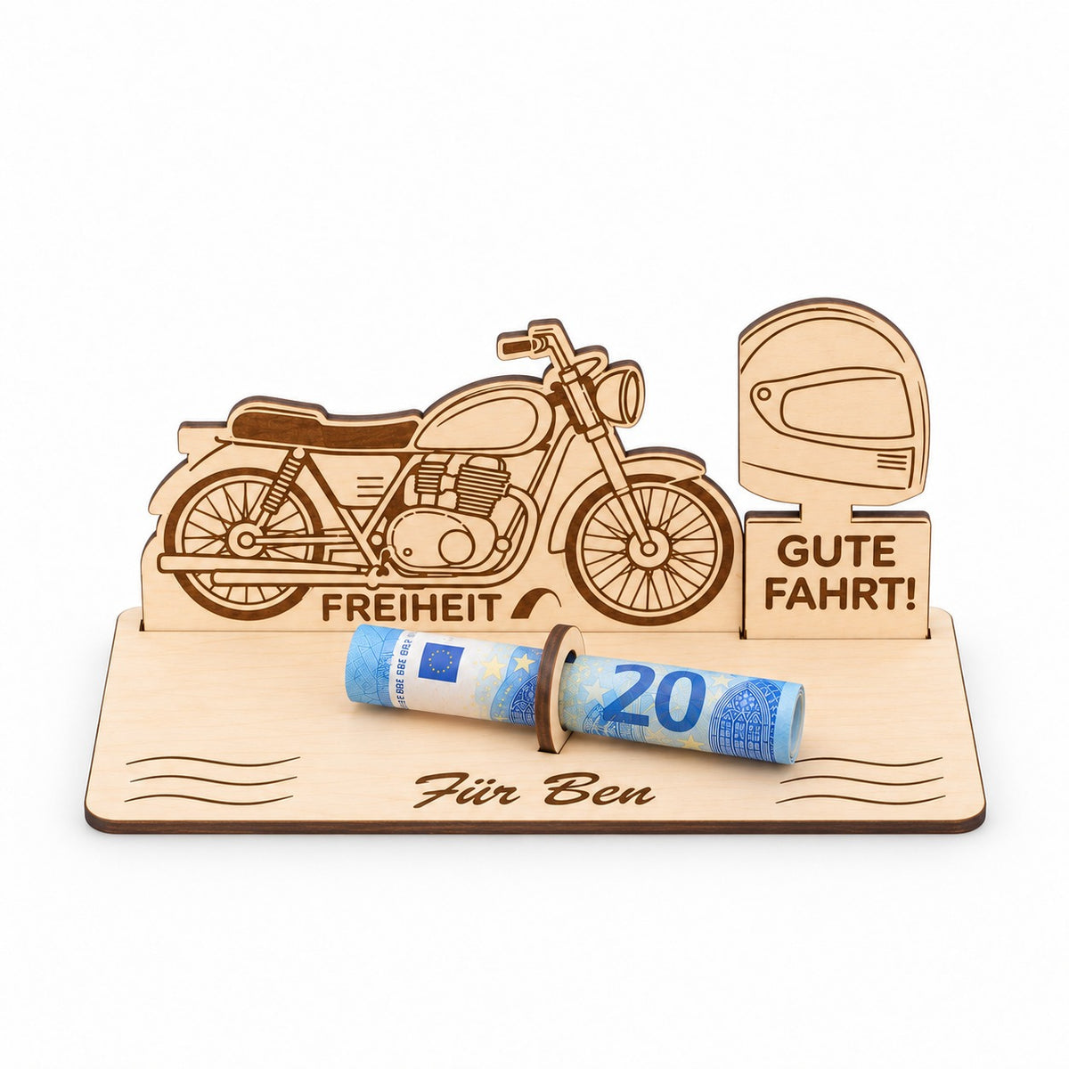 Geschenk für Motorradfahrer: Motorrad aus Holz mit Schild Gute Fahrt und Gravur Für Ben