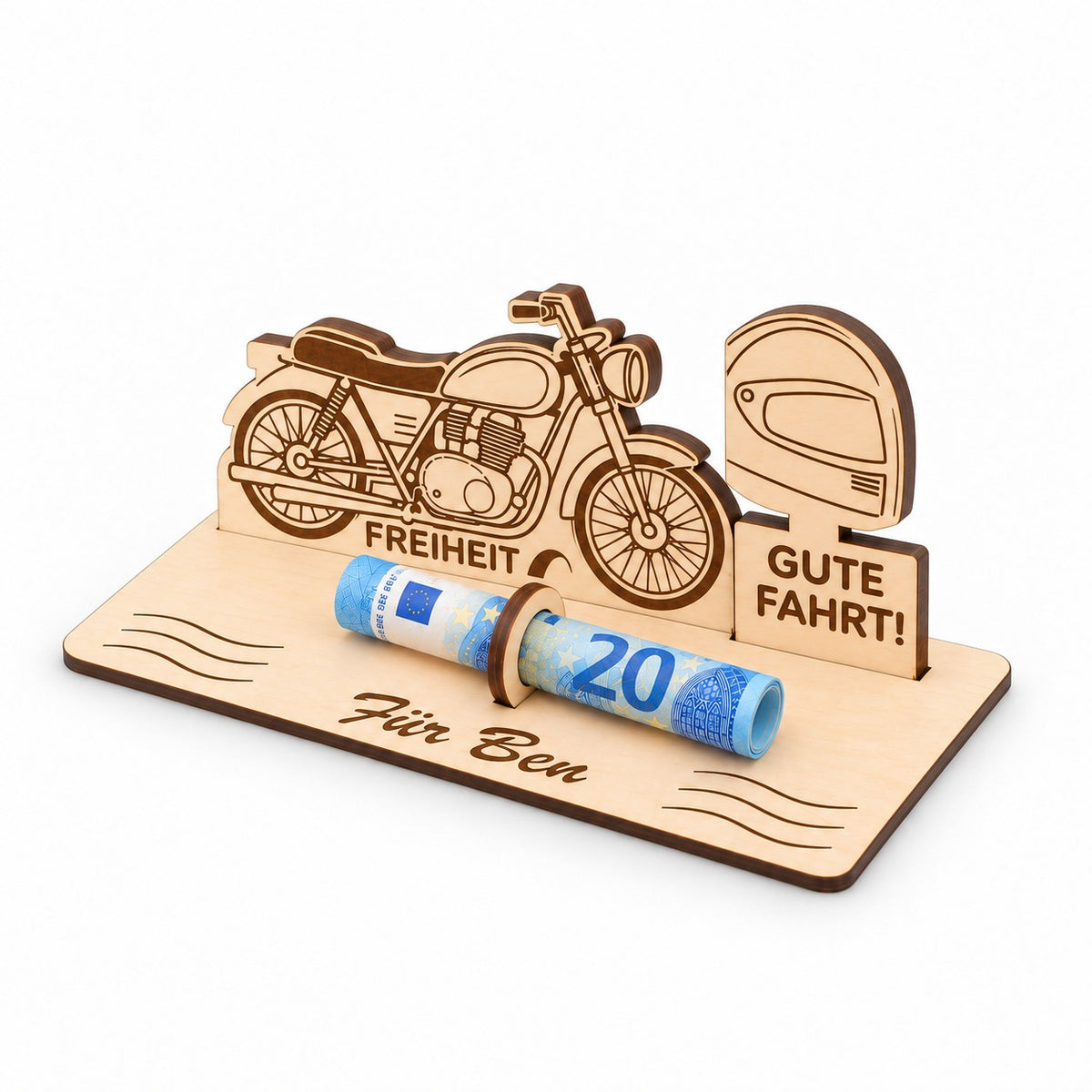 Motorrad aus Holz mit Schriftzug Freiheit, Ansicht von rechts