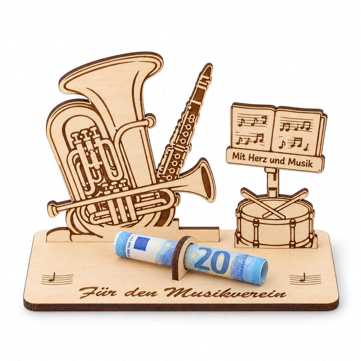 Geschenk für den Musikverein: Blasinstrumente aus Holz mit Notenständer Mit Herz und Musik und Gravur