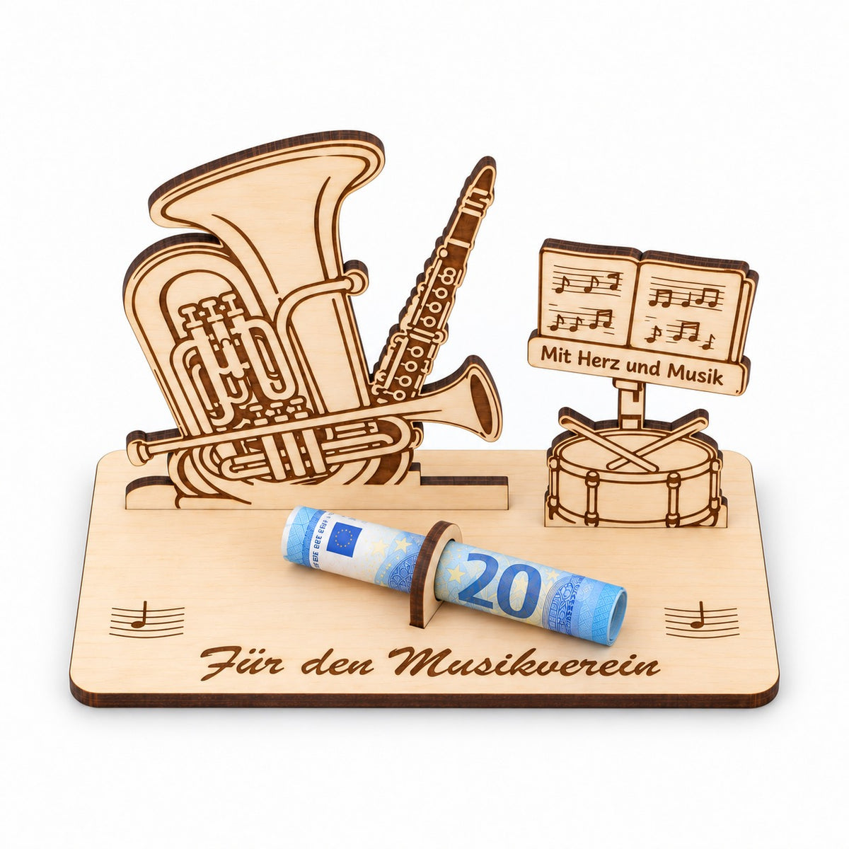 Geldgeschenk für Musiker mit graviertem Namen, Ansicht von oben