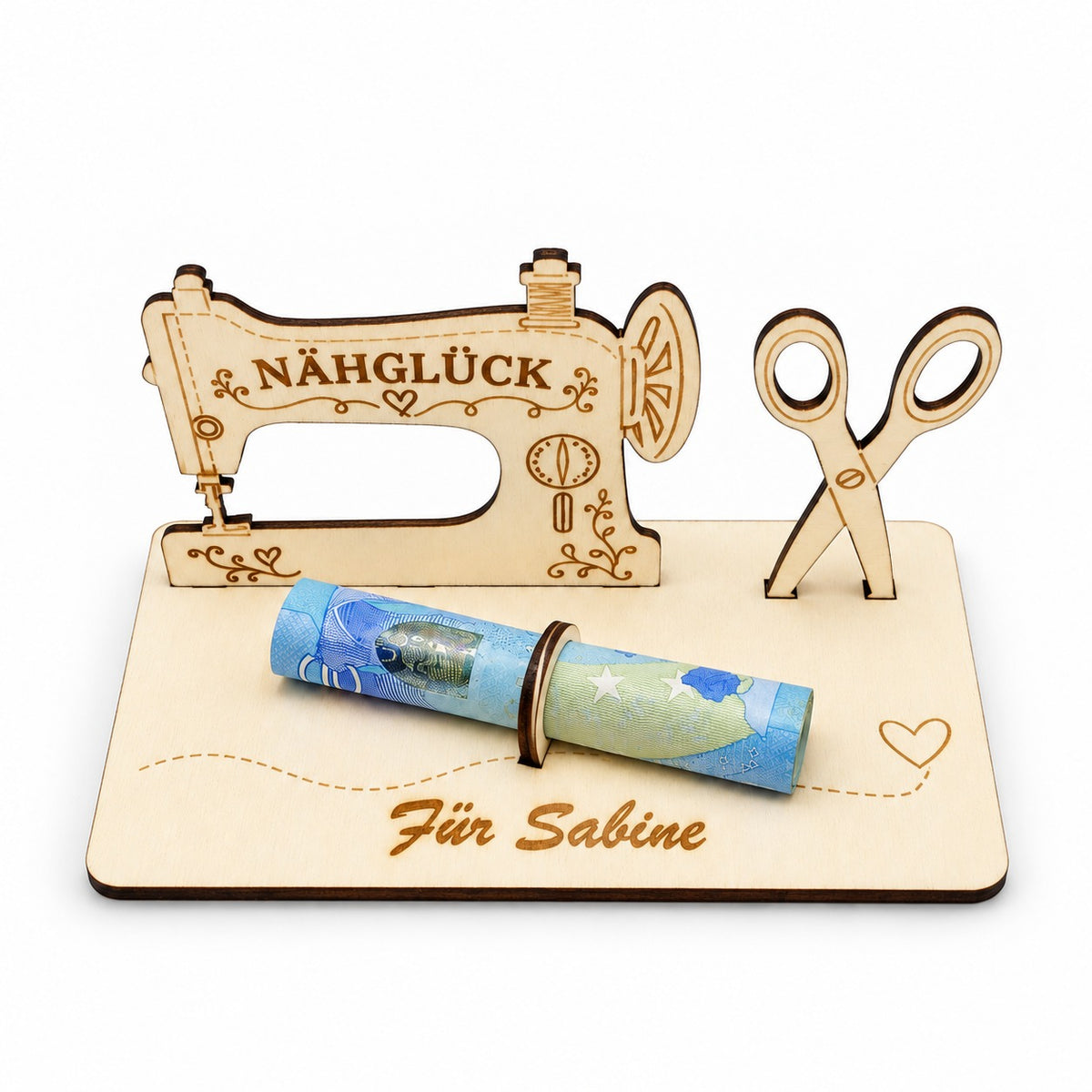 Geldgeschenk Nähmaschine aus Holz mit Schriftzug Nähglück und Gravur Für Sabine