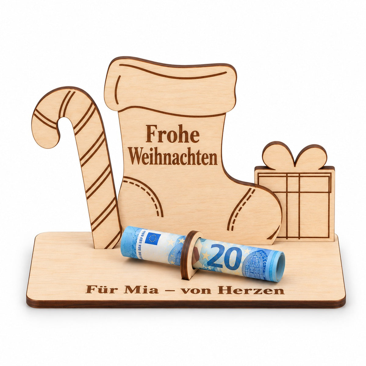 Nikolausgeschenk: Nikolausstiefel aus Holz mit Zuckerstange, Schriftzug Frohe Weihnachten und Gravur Für Mia – von Herzen