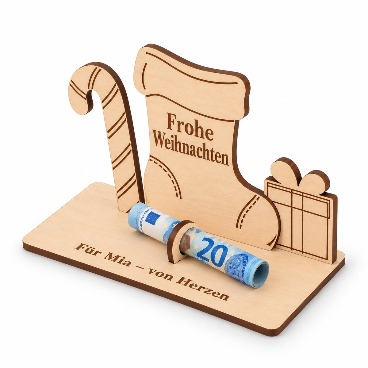 Geldgeschenk zum Nikolaus aus Holz mit Stiefel und Päckchen, Ansicht von rechts