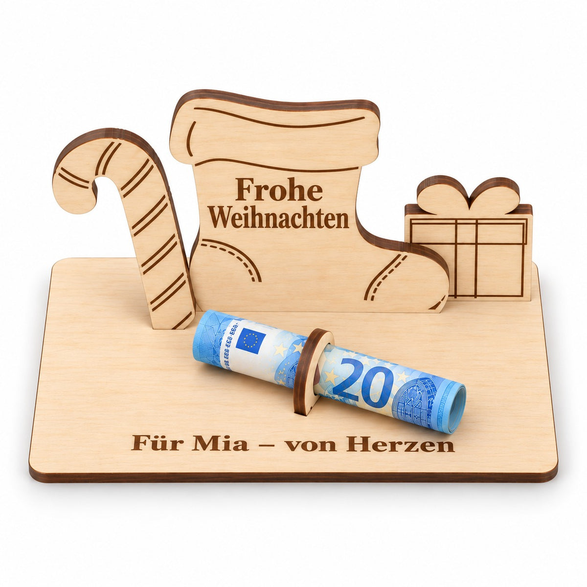Nikolausstiefel aus Holz als Geldgeschenk mit Namen, Ansicht von oben