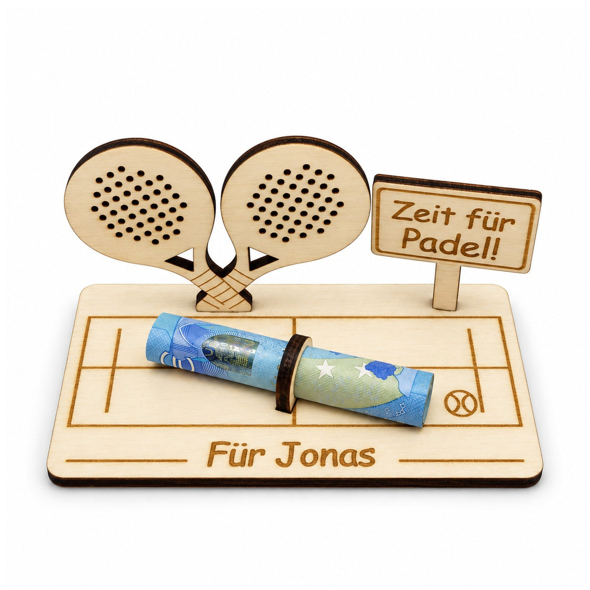 Geldgeschenk Padel aus Holz mit zwei Schlägern, Schild Zeit für Padel und Gravur Für Jonas