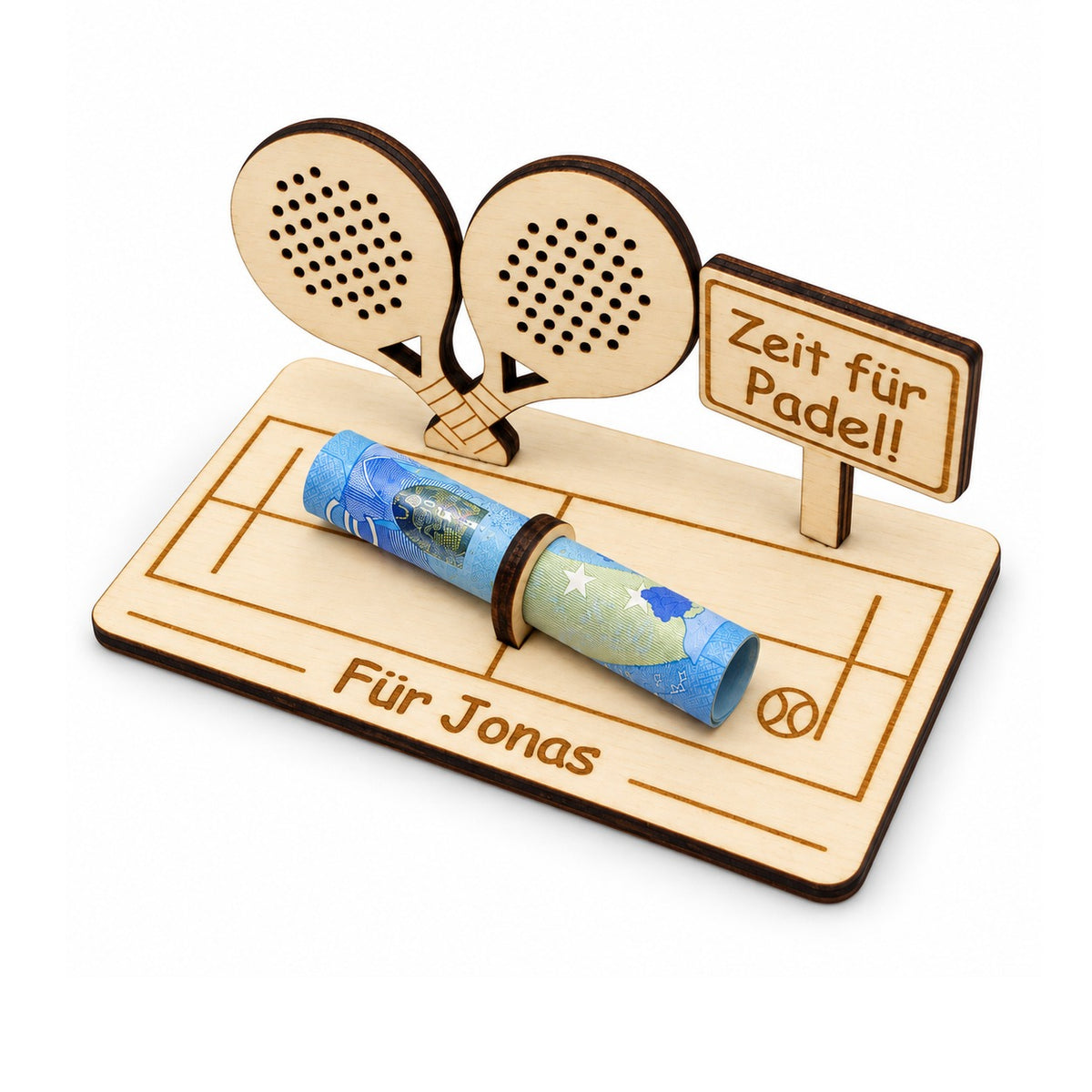 Padel Geschenk aus Holz mit Schild, Ansicht von rechts