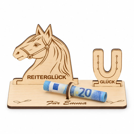 Geschenk für Reiterin: Pferdekopf aus Holz mit Schriftzug Reiterglück, Hufeisen und Gravur Für Emma