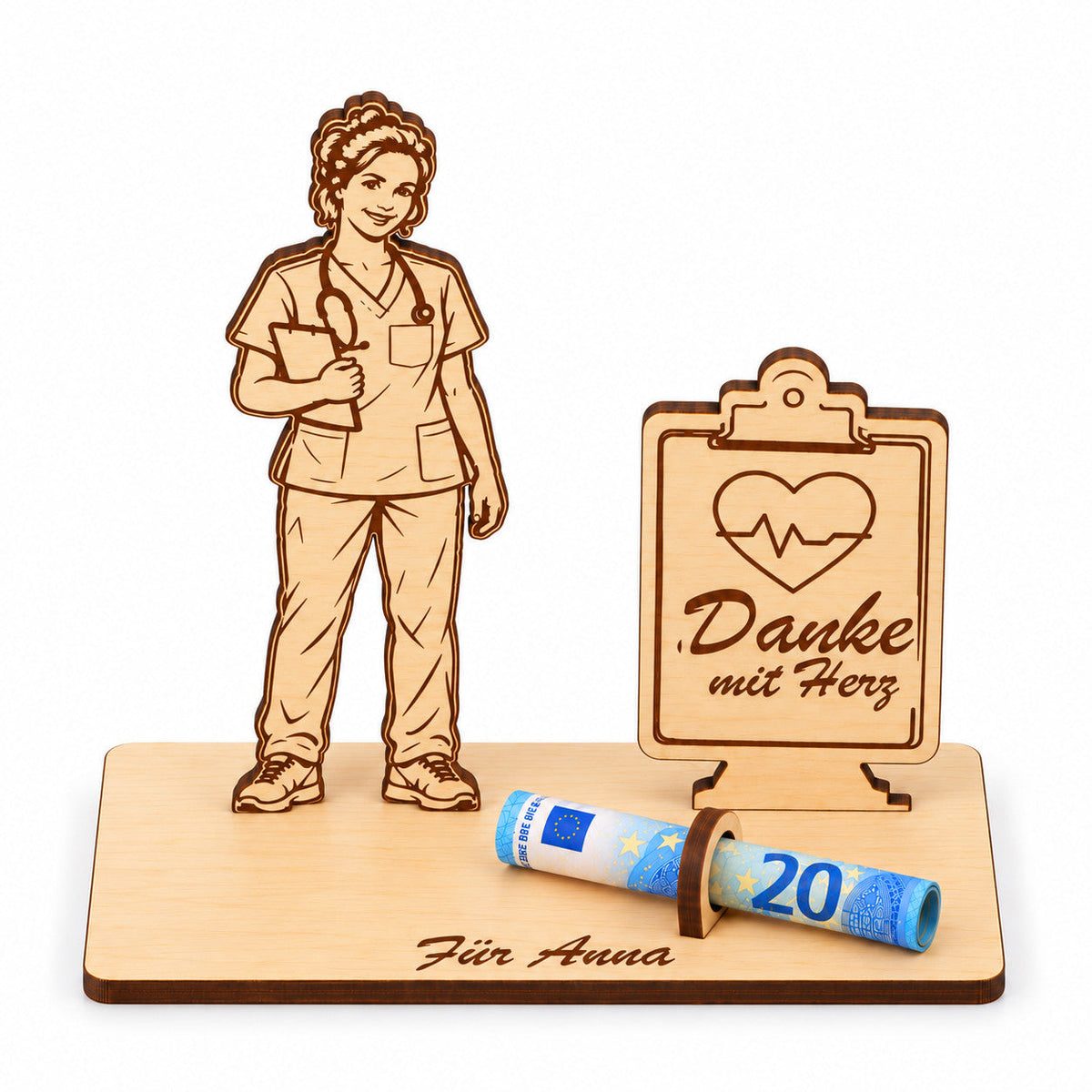 Geschenk für Pflegekräfte mit graviertem Namen, Ansicht von oben