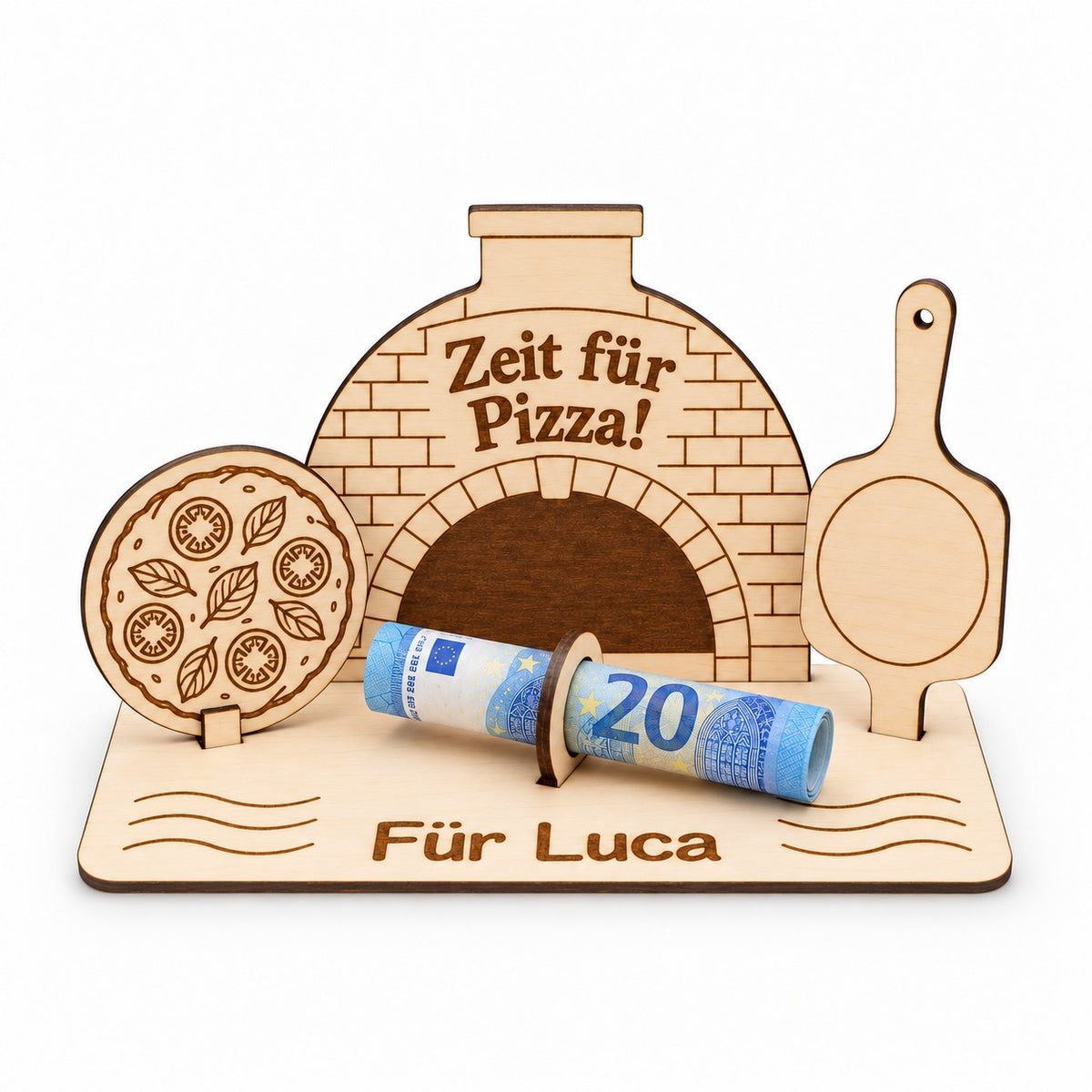 Geldgeschenk Pizzaofen aus Holz mit Schriftzug Zeit für Pizza und Gravur Für Luca