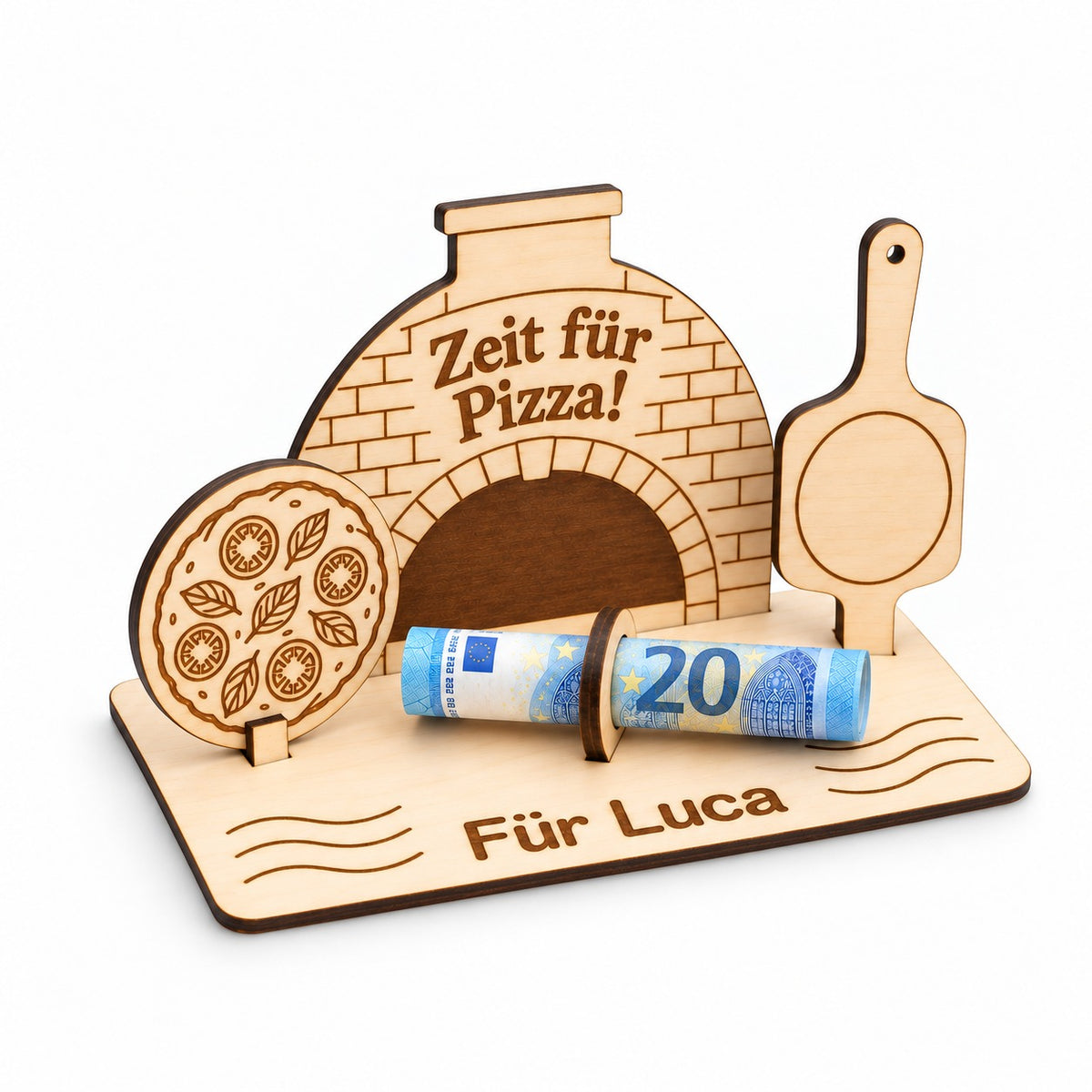 Pizzaabend Geldgeschenk mit Pizza, Pizzaschieber und gerolltem Geldschein, Ansicht von links