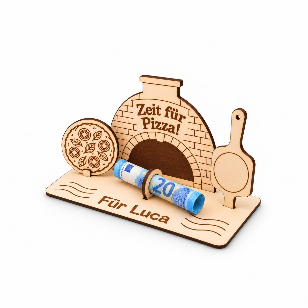Pizzaofen aus Holz als Geldgeschenk mit Namen, Ansicht von rechts