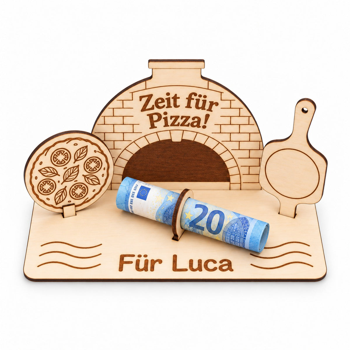 Geldgeschenk für Pizza-Fans mit graviertem Namen, Ansicht von oben